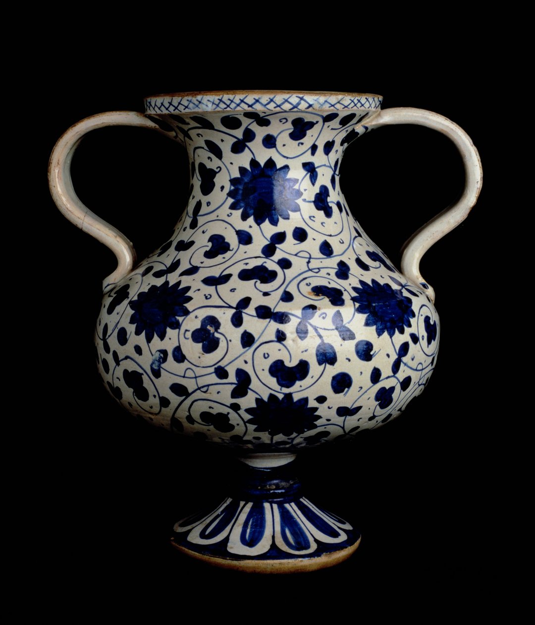 To-grebet polykrom lustreware balustervase med blå og hvid dekoration, italiensk, lavet i Deruta, tidligt 1500-tal (keramik) af Italian School