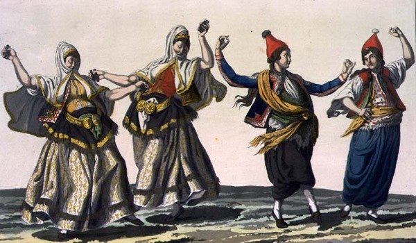 To kvindelige og to mandlige dansere, planche 62 fra del III, bind I af "Nationernes historie", graveret af V. Raineri (akvaratint) af Italian School