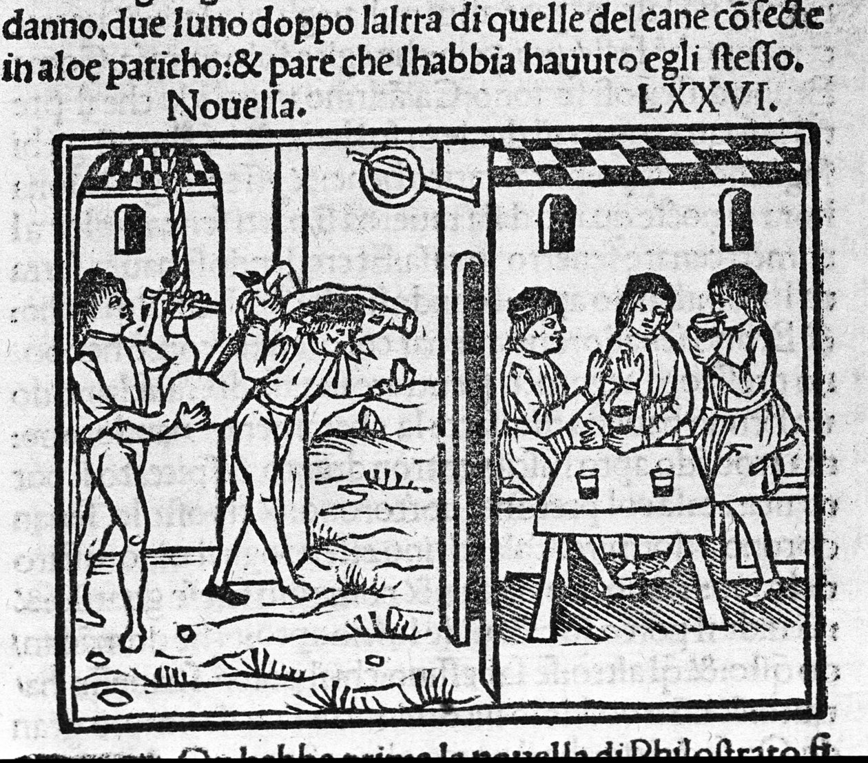 To mænd bærer en gris på deres skulder. Illustration til nyhederne 76 (ny 6 af den ottende dag) af "Decameron"" af Giovanni Boccaccio dit Jean Boccaccio (1313-1375), italiensk forfatter. Gravering i "" Decamerone ouer Cento nouelle"" Venedig, Bartolomeo de af Italian School