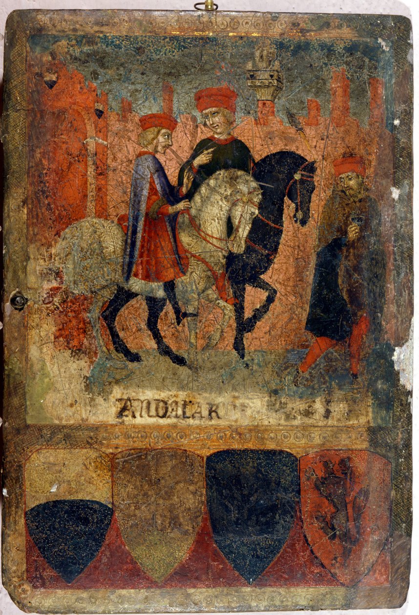 To skatteinspektører. Biccherna (omslag af regnskabsregistret for byen Siena). Nationalarkiv - Museo delle Tavolette de Bicherna, Siena. Slutningen af det 14. - begyndelsen af det 15. århundrede. af Italian School