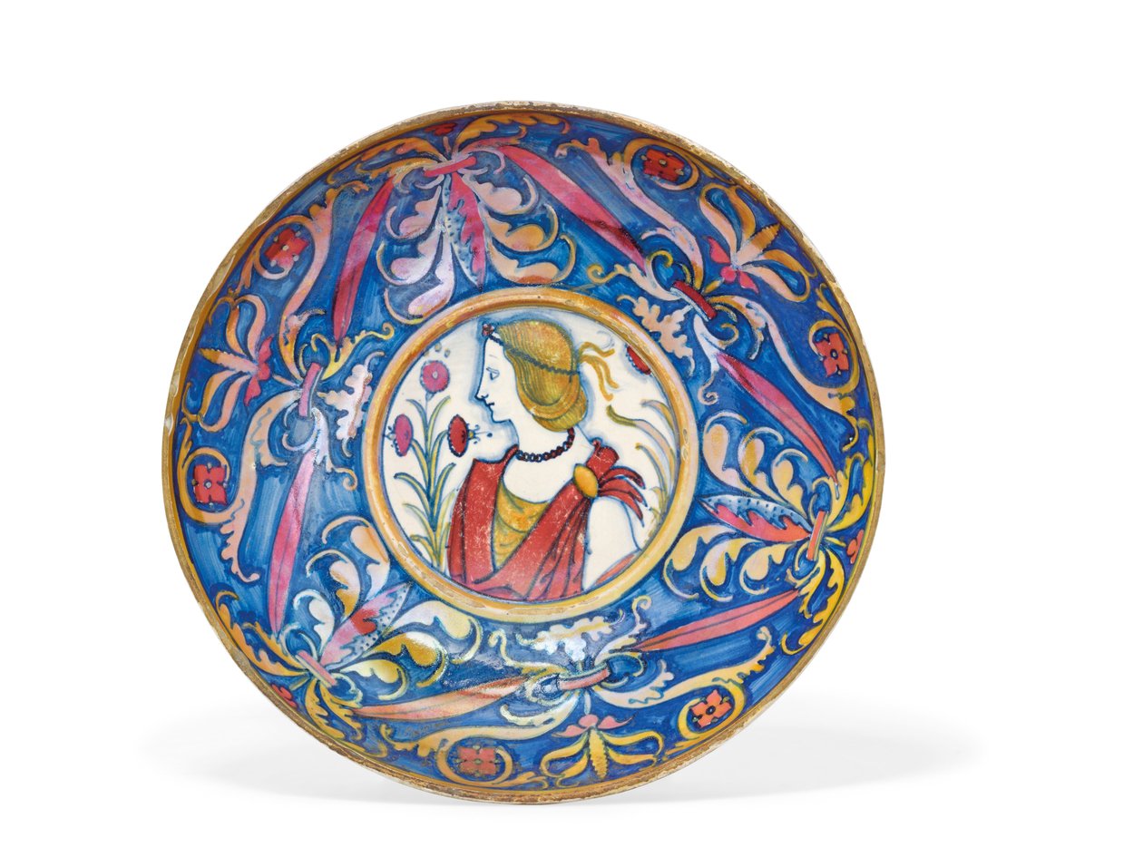 Umbrisk majolica guld- og rubinglans fad med fod, fra Deruta til Gubbio, ca. 1510-20 af Italian School