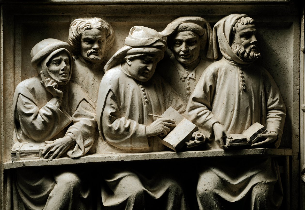 Universitetsundervisning: studerende Detail. Lavt relief af polykrom sten fra graven af Lorenzo del Pino, advokat og juralærer ved universitetet i Bologna, universitetet i Bologna realiseret af Dalle Masegnes værksted (slutningen af det 14. århundrede). 13 af Italian School