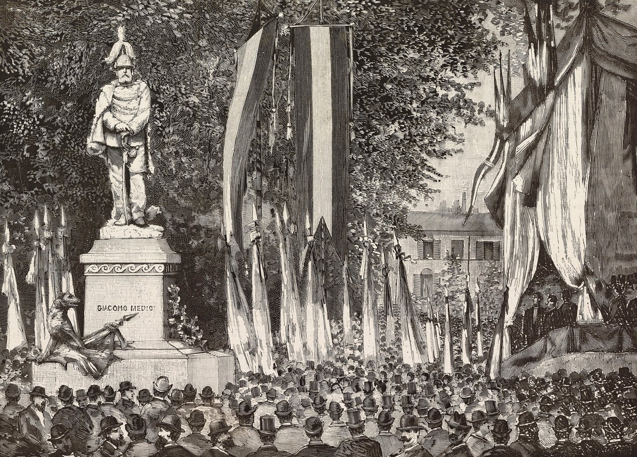 Afsløring af monumentet til general Giacomo Medici, Milano, Italien, gravering fra tegning af Edoardo Ximenes fra fotografiet Rossi, fra L