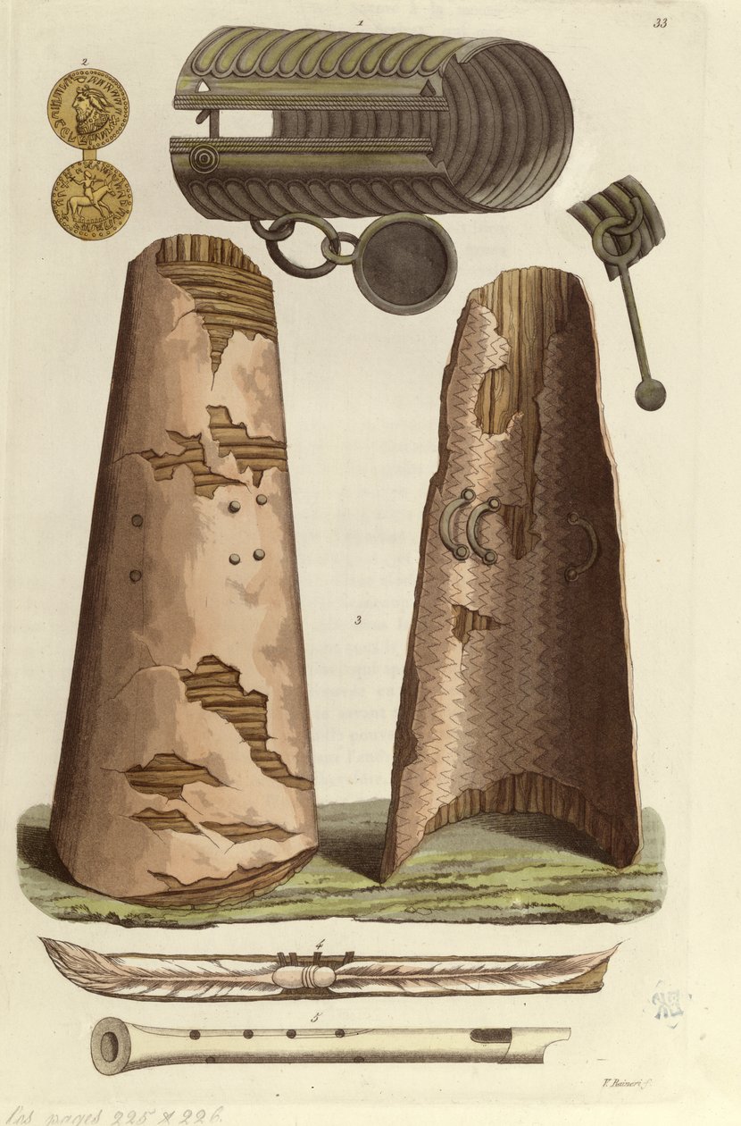 Forskellige vikingegenstande: bronzearmbånd, gylden medalje med runealfabet, skjolde, fløjter. Illustration af V. Raineri fra 