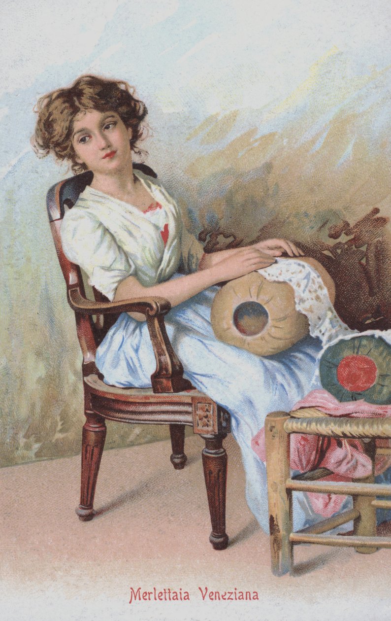 Venetiansk kniplingskunstner, Italien (chromolitho) af Italian School