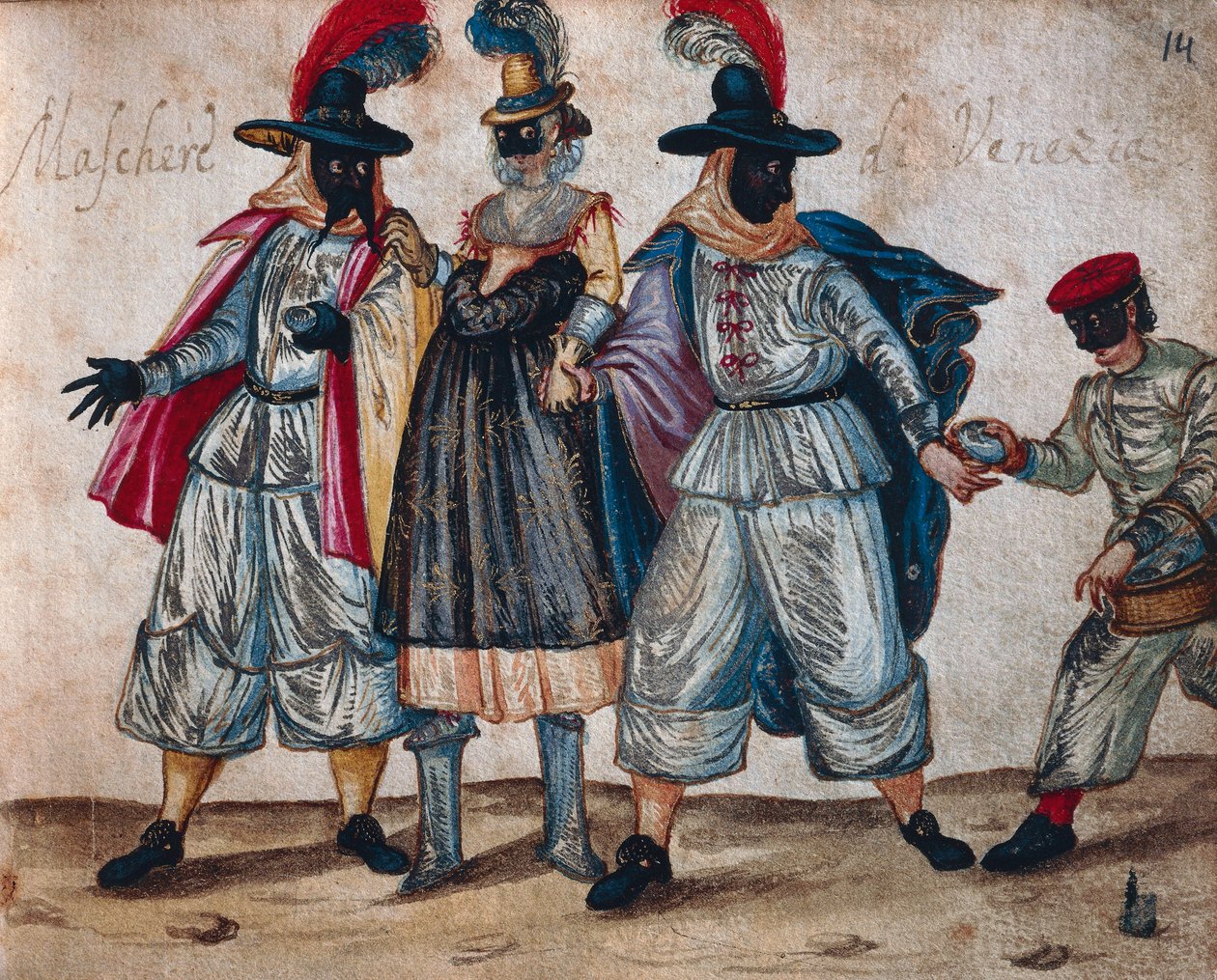 Venetianske maskerede karakterer under karneval af Italian School
