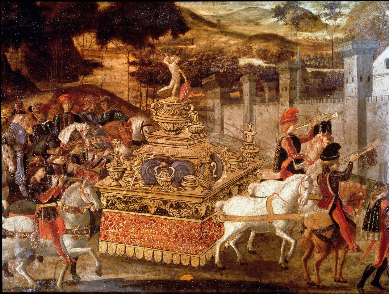 Lucius Aemilius Paullus eller Paul Emile Makedonerens (ca. 230-160 f.Kr.) sejr over Persees konge af Makedonien. Detalje af processionen og triumfvognen. Maleri af den florentinske skole i det 15. århundrede. Paris, Musée Jacquemart Andre af Italian School