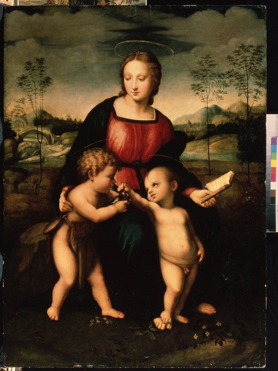 Jomfru og barn med Johannes Døberen som dreng. Anonymt maleri, italiensk skole fra anden halvdel af 1500-tallet (ca. 1550-1600). Manierisme. Mikhail Kroshitsky kunstmuseum, Sevastopol (Sevastopol af Italian School
