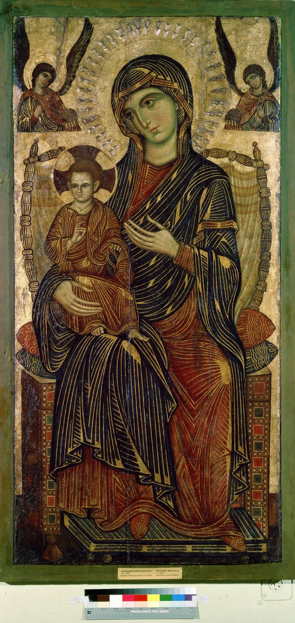 ""Madonna og barn på tronen"" (Jomfru og barn på tronen) Jesu Kristi glorie er markeret med et kors. Anonymt maleri af en kunstner fra Pisa. Tempera på træ. omkring 1280 Pushkin Museum, Moskva af Italian School