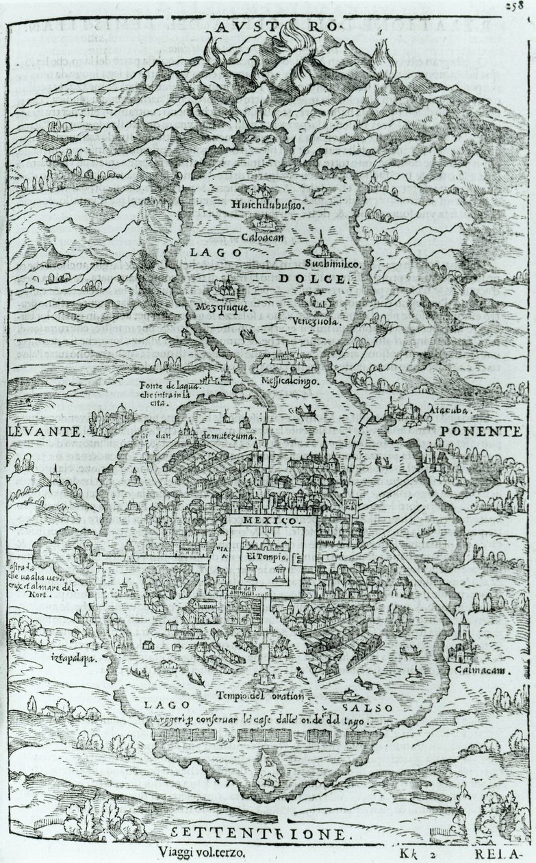 Udsigt fra den nordlige del af den aztekiske by Tenochtitlan, fra Relatione della Citta del Temistitan af Giovanni Battista Ramusio (1485-1557) udgivet i Venedig 1606 af Italian School