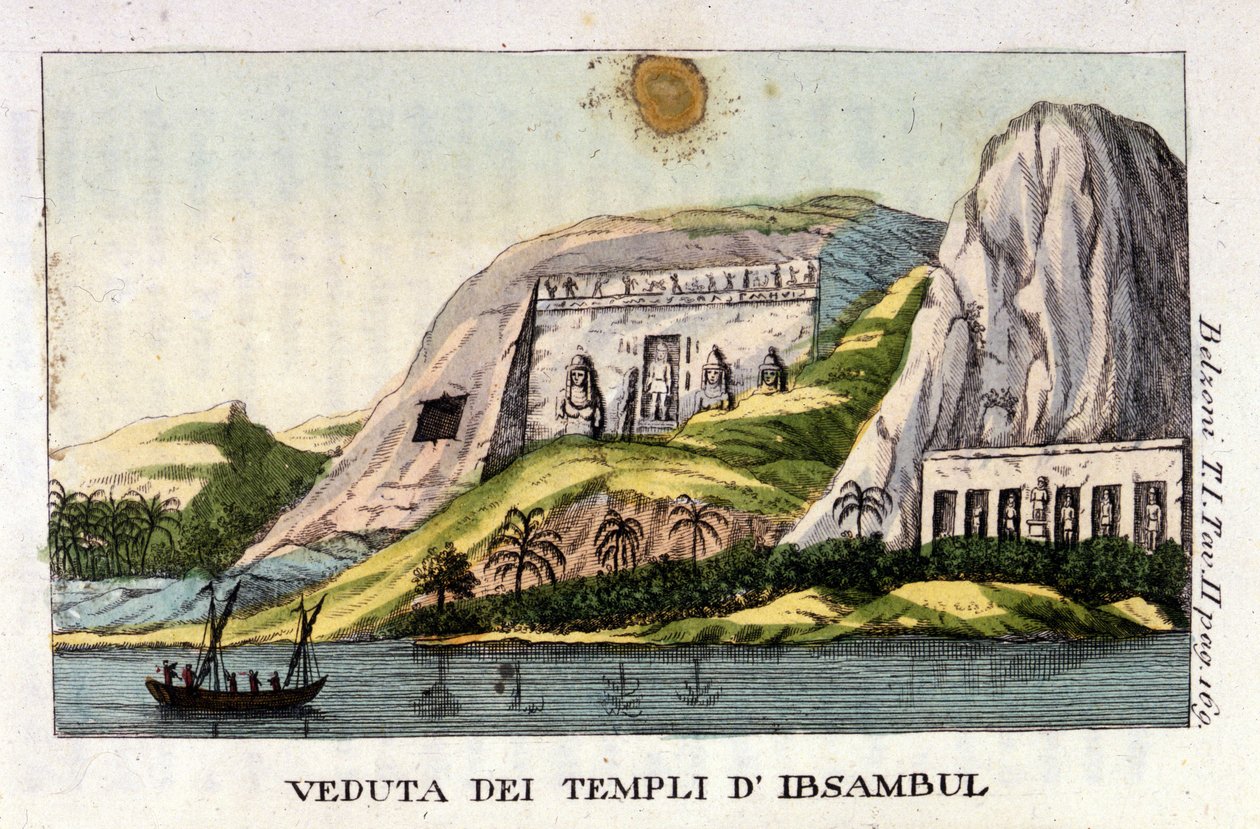 Udsigt over Abu Simbel-templet. Forfatteren Giovanni Battista (Gianbattista) Belzoni (1778-1823), er en italiensk opdagelsesrejsende og arkæolog, har gjort vigtige arkæologiske opdagelser i Egypten. Gravering - i "" Viaggio in Egitto e in Nubia"" af Belzon af Italian School
