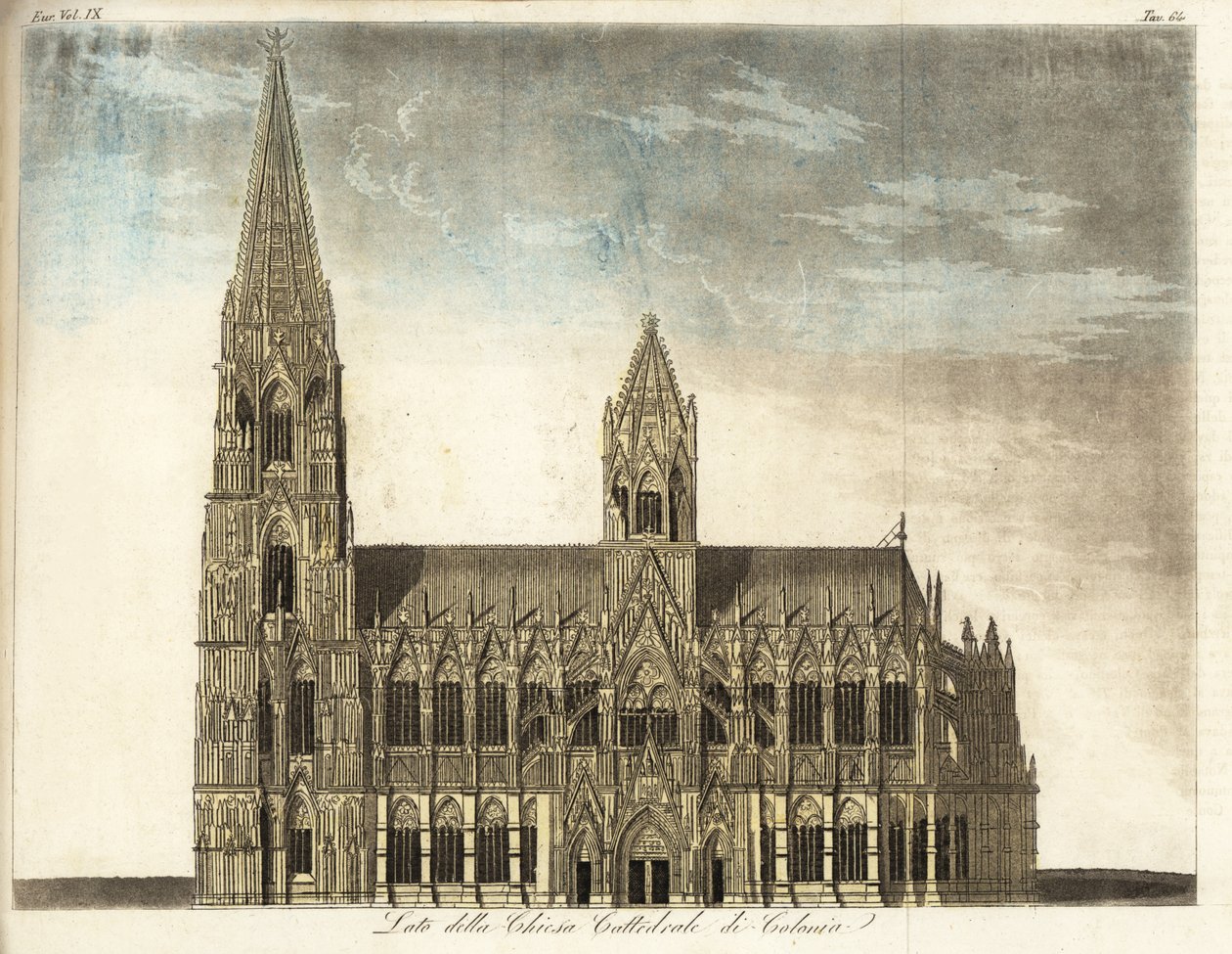 Udsigt over Kölner Domkirke, Tyskland (håndfarvet kobberstik) af Italian School