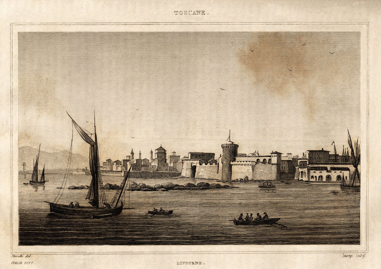 Udsigt over Livorno i Toscana. Gravering af Storetti i "Italien maleriske"", Amable Coste redaktør, Paris af Italian School