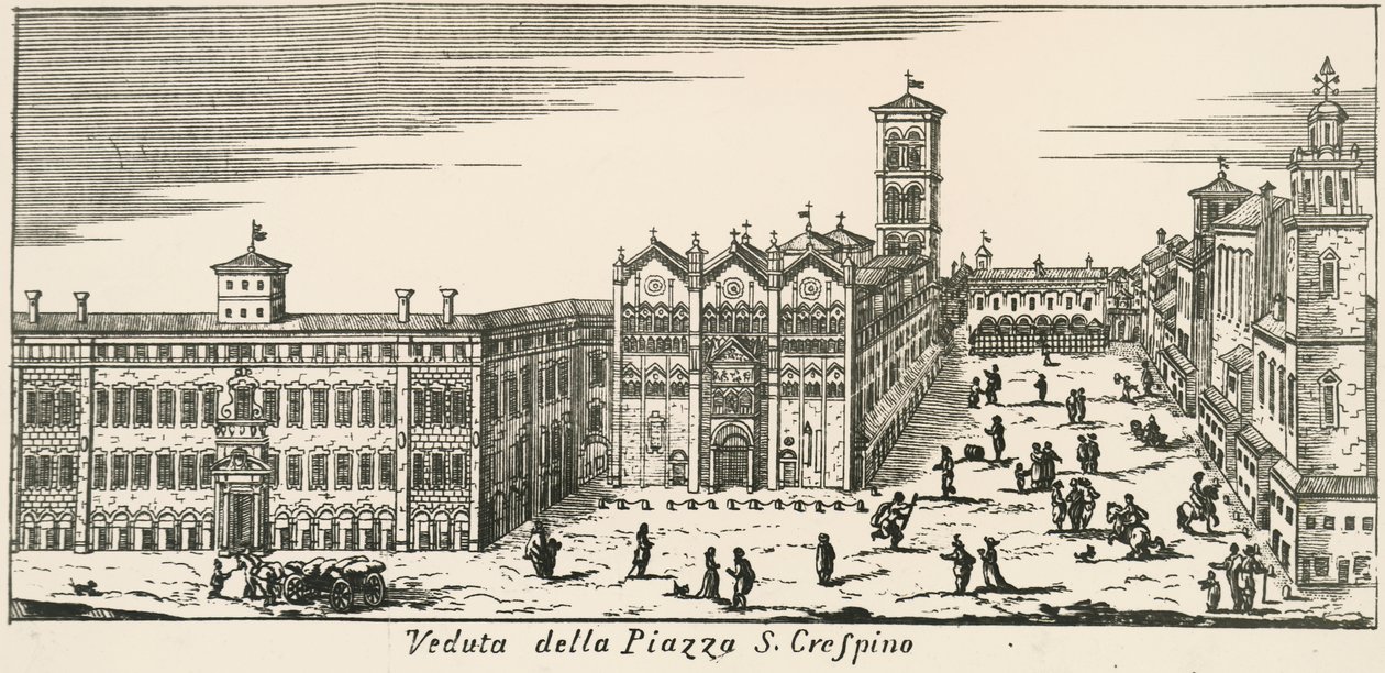 Udsigt over Piazza San Crispino og Ferrara-katedralen, gravering, Italien af Italian School