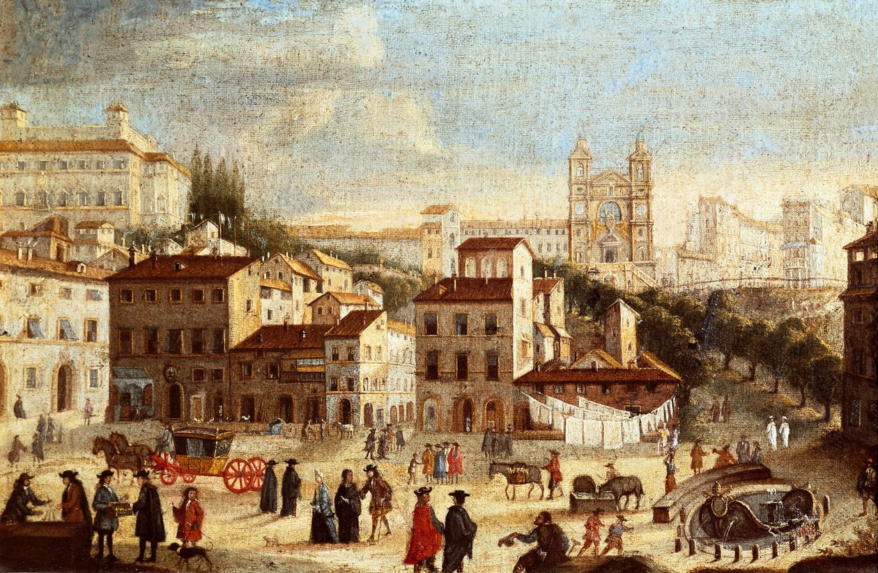 Udsigt over Piazza di Spagna (Piazza di Spagna), med kirken Trinita dei Monti (Trinite des Monts) i Rom (Udsigt over Spaniens torv og Saint Trinity-kirken i Rom) Maleri af den romerske skole - 1600-tallet (maleri) af Italian School