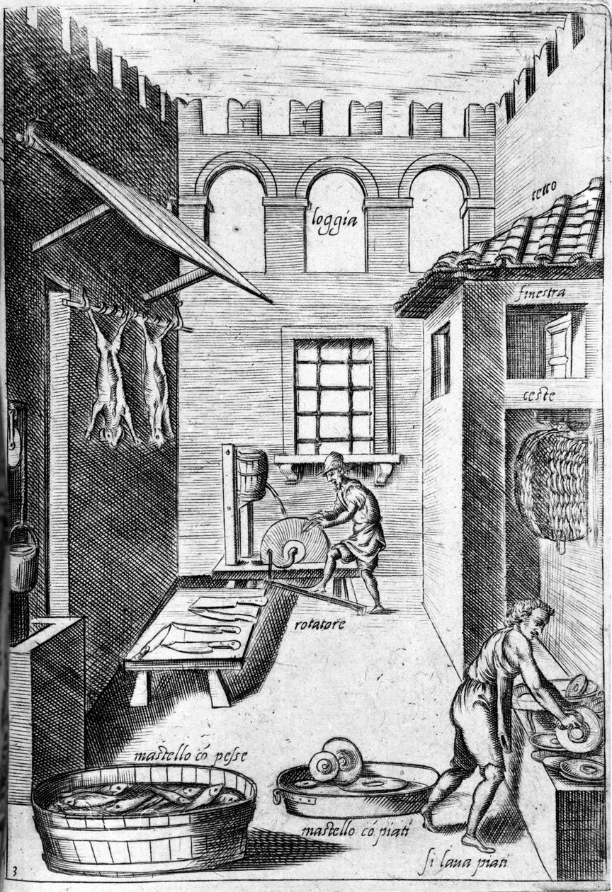 Udsigt til et køkken. I bunden sliber en mand knivene, mens han foran en anden vasker tallerkenerne. Gravering fra "Opera", bog om gastronomi opdelt i 6 dele, af Bartolomeo Scappi, personlig kok af pave Pius V. Venedig af Italian School