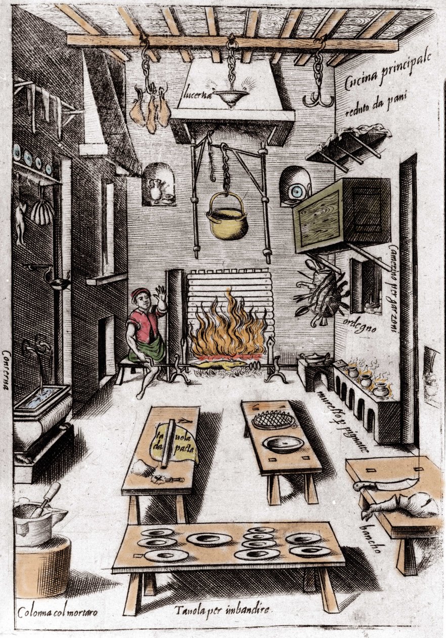 Udsigt over et køkken. Gravering fra "Opera", bog om gastronomi opdelt i 6 dele, af Bartolomeo Scappi, personlig kok af pave Pius V. Venedig af Italian School