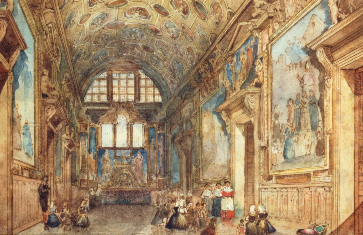 Udsigt over et indre af Doges Palace i Venedig, ca. 1840 (wc på vellum) af Italian School