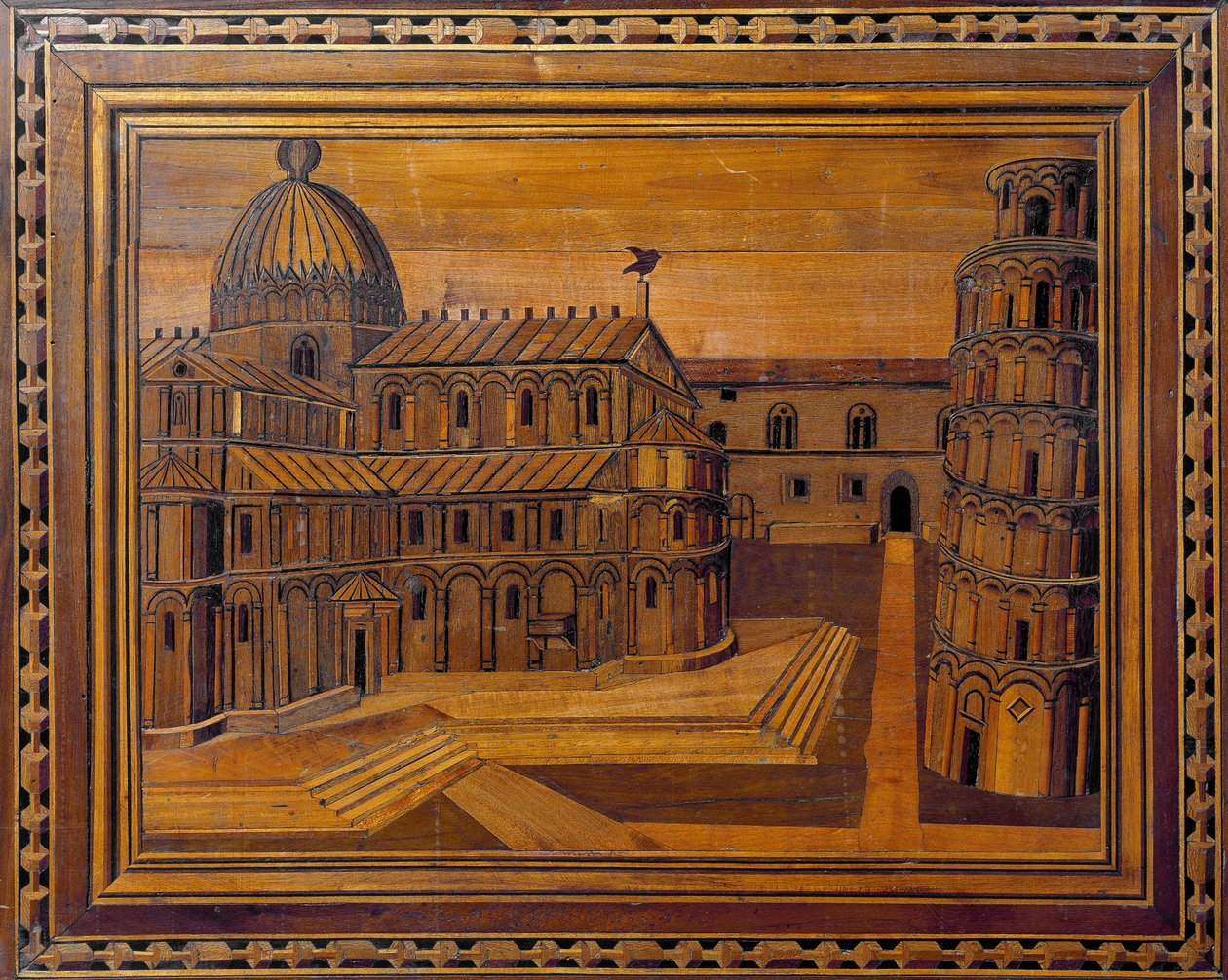 Udsigt over katedralen i Pisa (Duomo di Santa Maria Assunta di Pisa) og det skæve tårn (Torre-vedhæng) på Mirakelpladsen (Piazza dei Miracoli) Marquetry fra det 15. århundrede. Bevaret i katedralpræsbyteriet, Pisa af Italian School