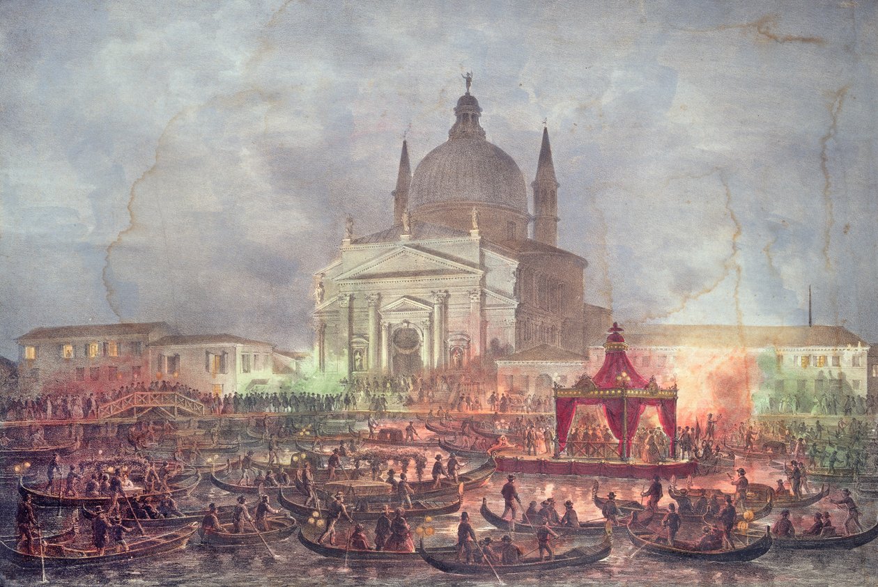 Udsigt over Chiesa del Redentore og bådene på karnevalsdagen af Italian School