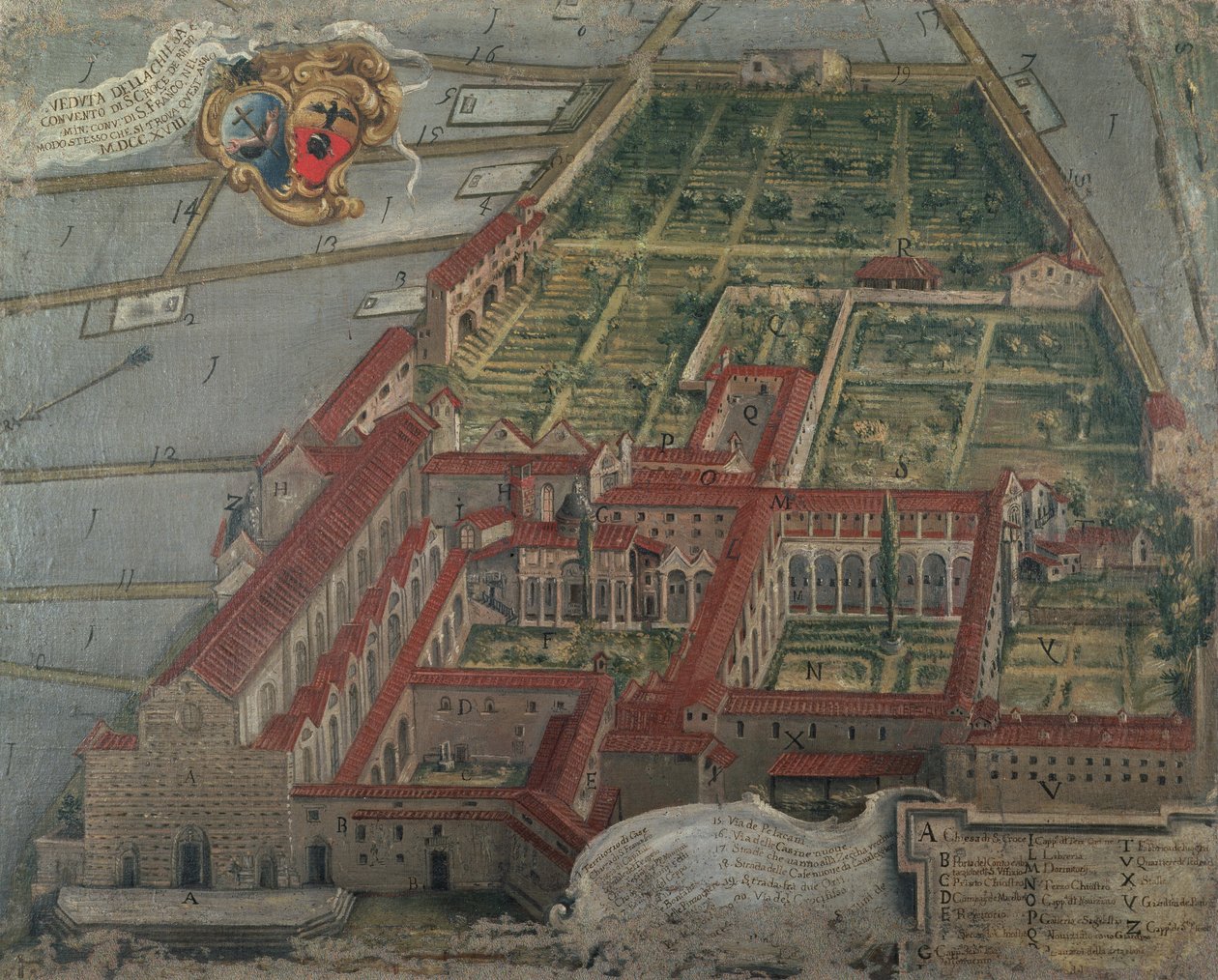 Udsigt over kirken og klostret Santa Croce i 1718 af Italian School