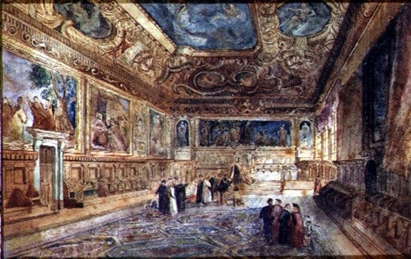 Udsigt over det indre af Dogepaladset i Venedig, ca. 1840 (akvarel på vellum) af Italian School