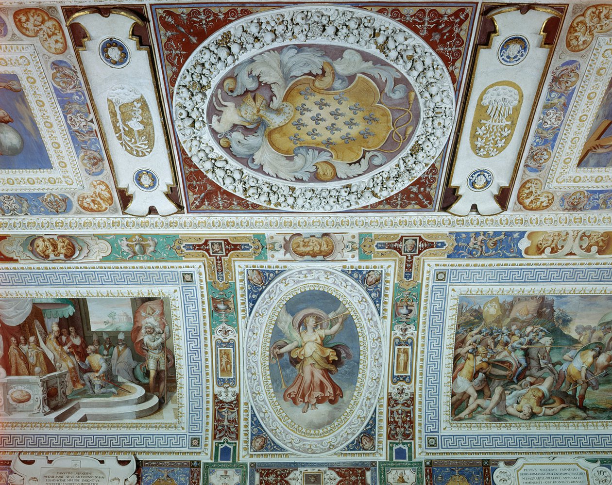 Udsigt over Sala dei Fasti Farnese (Hall of the Splendors of the Farnese) udtænkt af Onofrio Panvinio og fresker af Taddeo (1529-66) og Federico Zuccaro (1540-1609) 1557-83 (detaljer) af Italian School