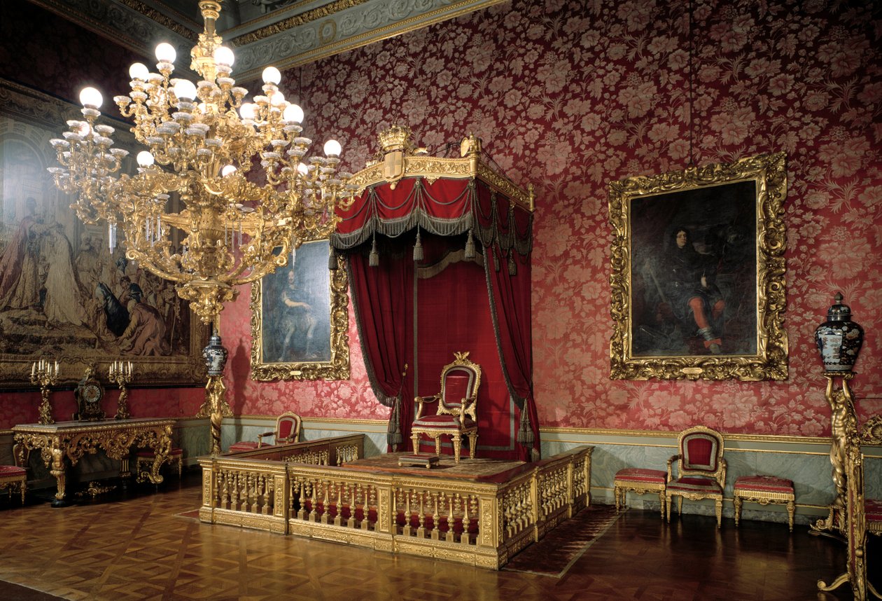 Udsigt over Throne Room eller Chamberlains Room Royal Apartments fra det 19. århundrede, Palazzo Pitti, Firenze Italien af Italian School