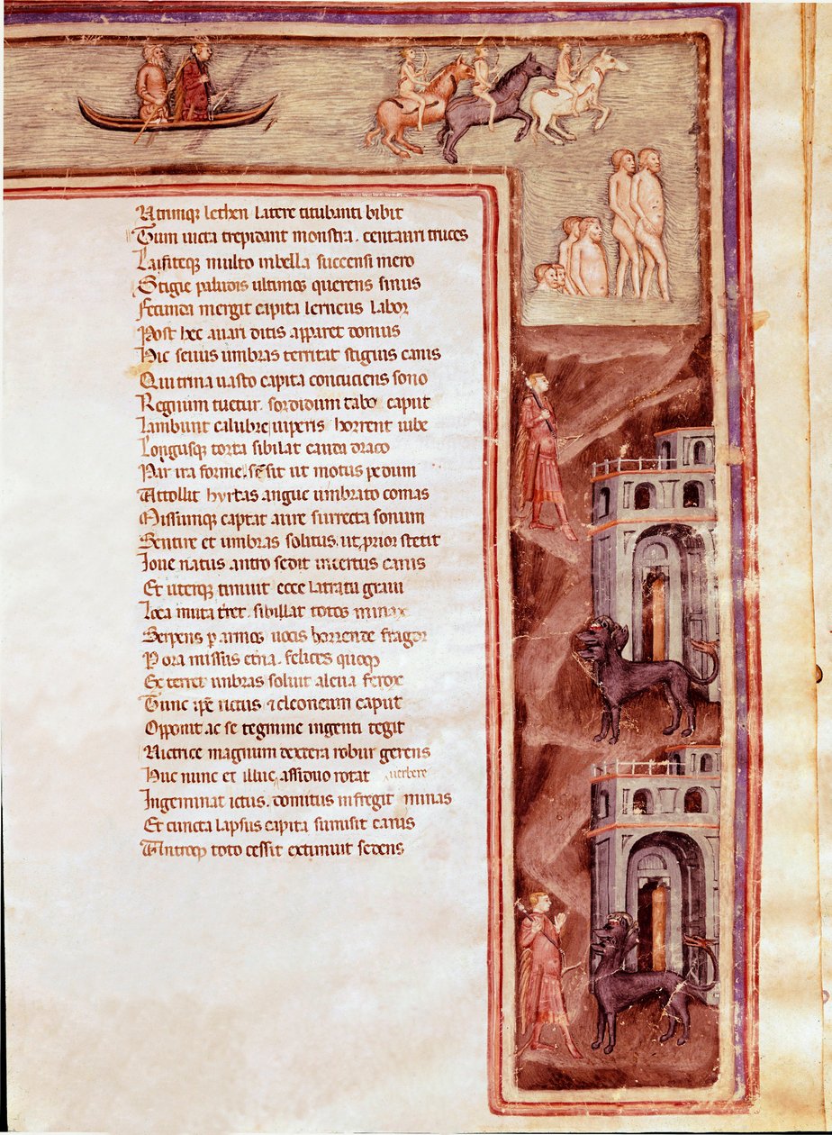 Udsigt over underverdenen, karakterer og monstre, illustration til Furious Hercules af Seneque (Miniature af Italian School