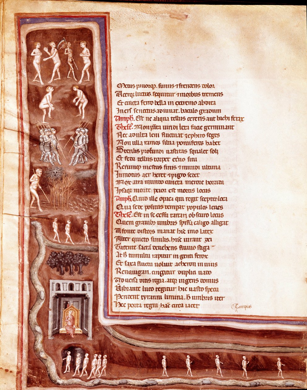 Udsigt over underverdenen, karakterer og monstre, vandrende sjæle i underverdenens cirkler, illustration til Furious Hercules af Seneque (Miniature af Italian School