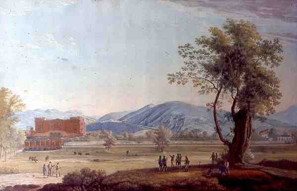 Udsigt over villaen og parken (akvarel på papir) af Italian School