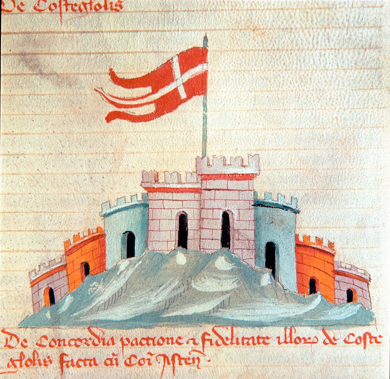 Udsigt over slottet Castiglione i Toscana Miniature fra "" Codex Astensis"" (eller Malabayla), krøniker om byen Asti mellem 1065 og 1353. 14. århundrede. Bevar i borgmesteren i Asti af Italian School