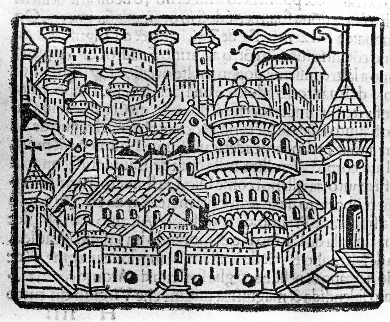 Udsigt over byen Aosta i Italien. Indgravering i "" Supplement til krønikerne "" af Fra Jacopo Filippo Foresti, Venedig af Italian School
