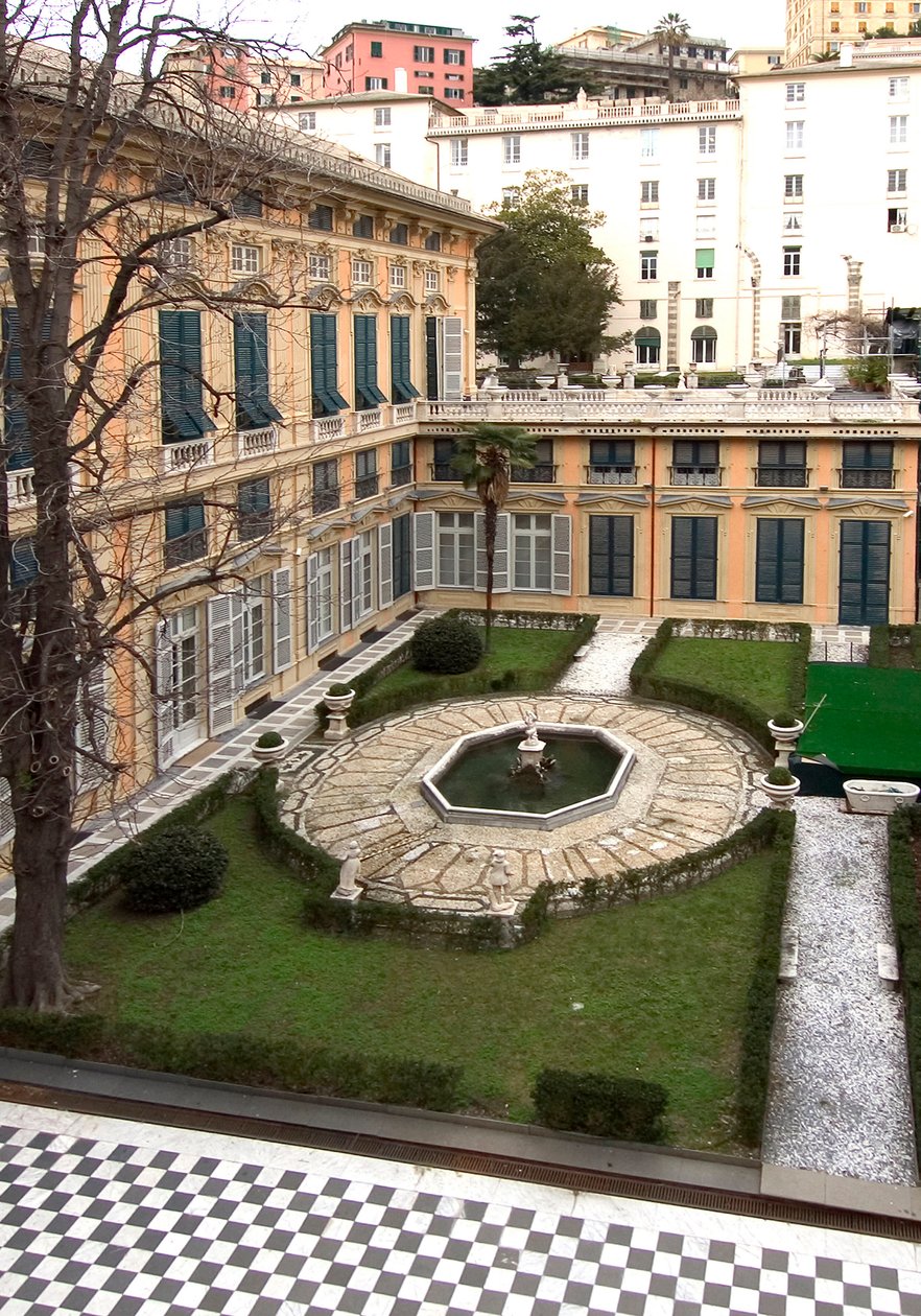 Udsigt over gården til paladset (Palazzo) Bianco (eller Luca Grimaldis palads) bygget i 1530 og 1540 i Genes (Genova), Italien af Italian School