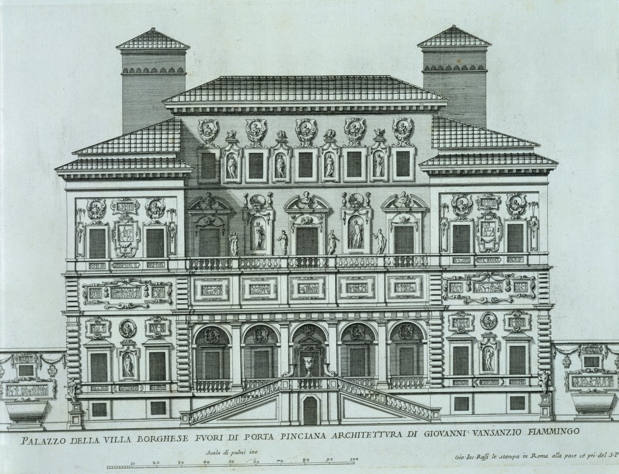 Udsigt over facaden af Villa Borghese, Rom af Italian School