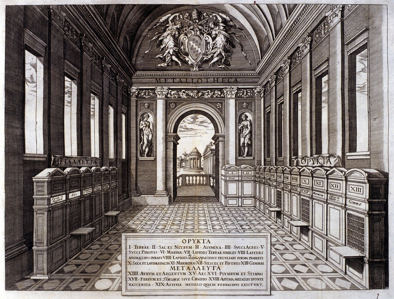 Udsigt over museet for Michele Mercati (1541-1595), forvalter af Vatikanets botaniske have. Indgravering fra "" Metallotheca..." Rom 1717 - 1719 af Italian School