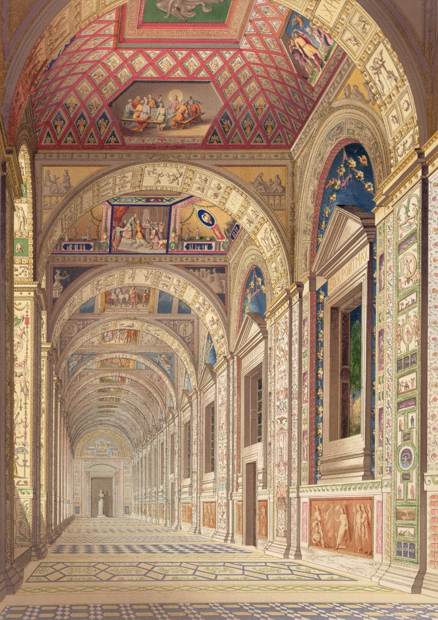 Udsigt over anden sals Loggia ved Vatikanet, med dekoration af Raphael, fra Delle Loggie di Rafaele nel Vaticano, udgivet som et løst blad i udgaven af 1814 (håndfarvet gravering) af Italian School