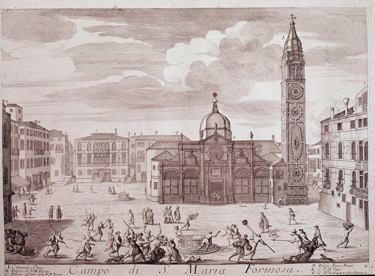 Udsigt over pladsen ved kirken Santa Maria Formosa a Venedig Gravering fra "" Teatro di Venezia"" 1700-tallets Venedig, Museo Correr af Italian School