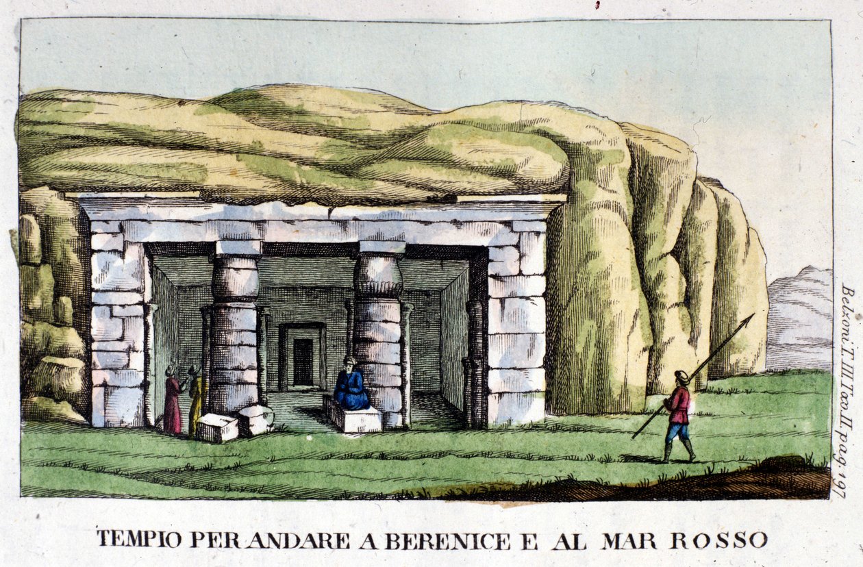 Udsigt over templet, der ligger på vej til Berenice i dag Benghazi og til Det Røde Hav. Forfatteren, Giovanni Battista (Gianbattista) Belzoni (1778-1823), er en italiensk opdagelsesrejsende og arkæolog, som har gjort vigtige arkæologiske opdagelser i Egypt af Italian School