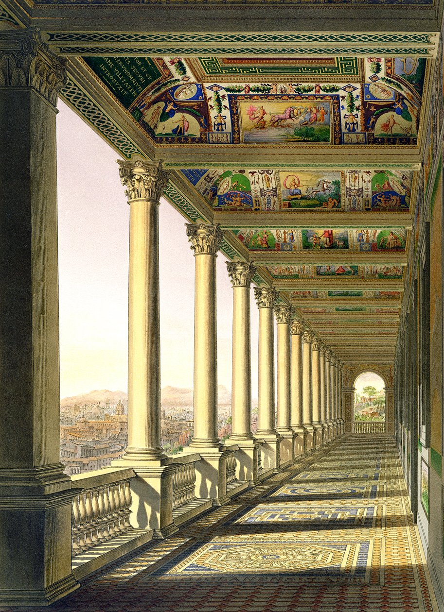 Udsigt over tredje sals Loggia ved Vatikanet, med dekoration af Raphael, fra Delle Loggie di Rafaele nel Vaticano, udgivet som et løst blad i udgaven af 1814 (håndfarvet gravering) af Italian School