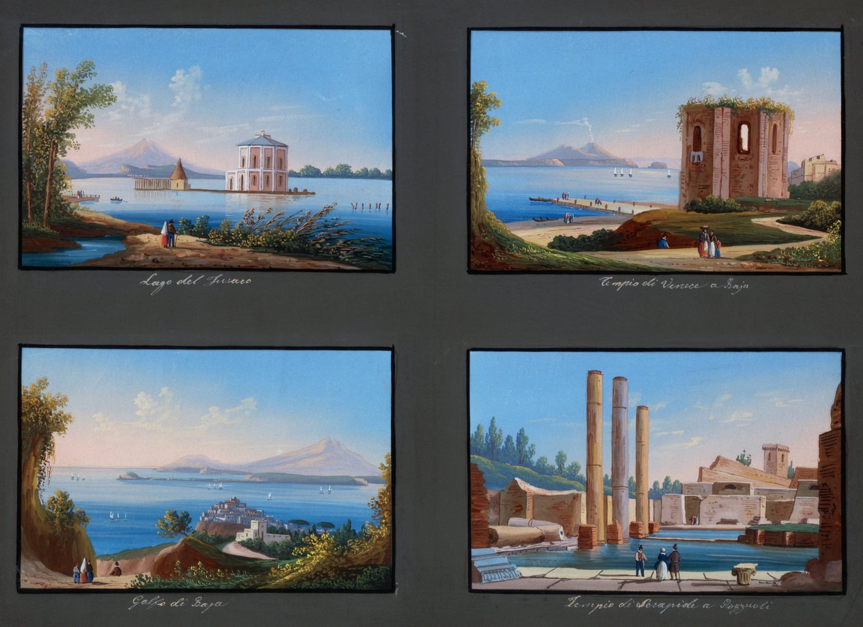 Udsigt over Phlegraean Fields: Fusaro-søen, Venustemplet i Baja, Baja-bugten, Serapis-templet i Pozzuoli (gouache) af Italian School