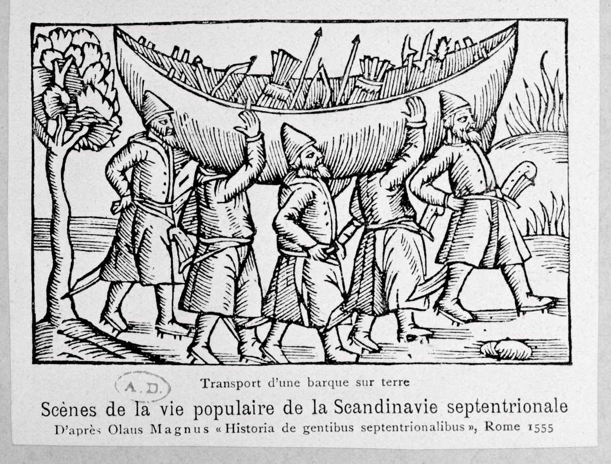 Vikinger, der bærer en båd til Rusland, illustration fra History of the Northern Nations af Olaus Magnus (1490-1558), udgivet i Rom, 1555 af Italian School