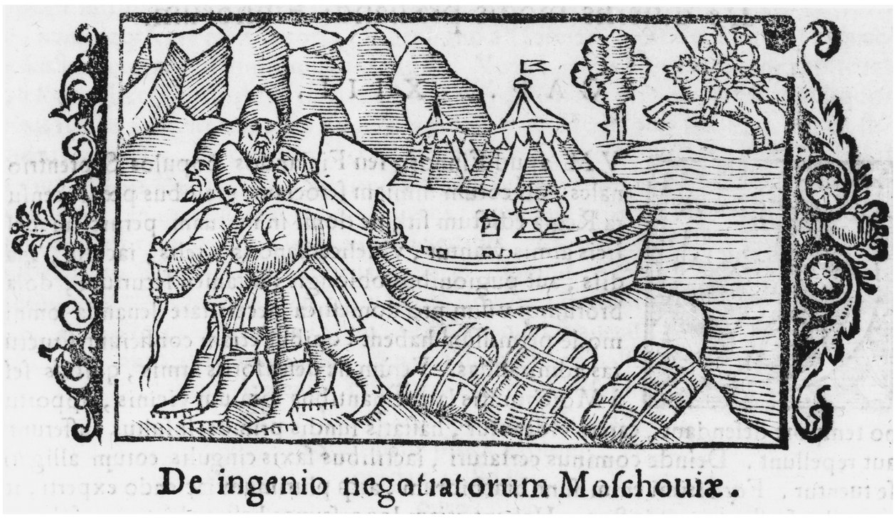 Vikinger bærer en båd til Rusland, illustration fra History of the Northern Nations af Olaus Magnus (1490-1558), udgivet i Rom, 1555 af Italian School