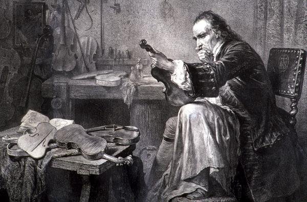 Violinmager i sit værksted (gravering) af Italian School