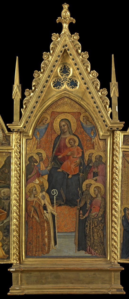 Jomfru og barn på tronen med otte hellige (midterpanel), ca. 1330-70 (tempera på panel) af Italian School