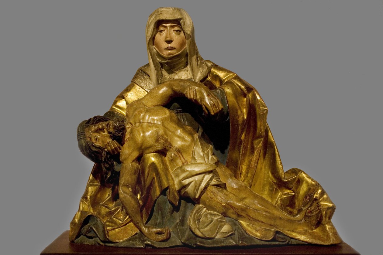 Jomfru af barmhjertighed til Kristus, der døde omkring 1510-1520, region i Sydtyrol, skulptur af predelle i malet og doret træ, bevaret på Musee Bonnat de Bayonne. Selva fotografering, 2008. af Italian School