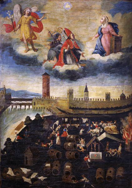 Votivbanner, der viser pesten i Trento i 1636 af Italian School