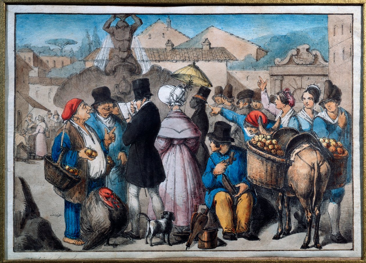 Vandrescene i Rom Akvarel af det 19. århundredes Rom, museo del folklore af Italian School