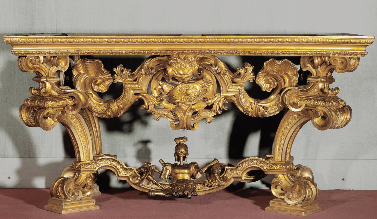 Vægbord med albatre-plade lavet af en genois-kunstner (1700-tallet) udskåret i forgyldt træ af Italian School