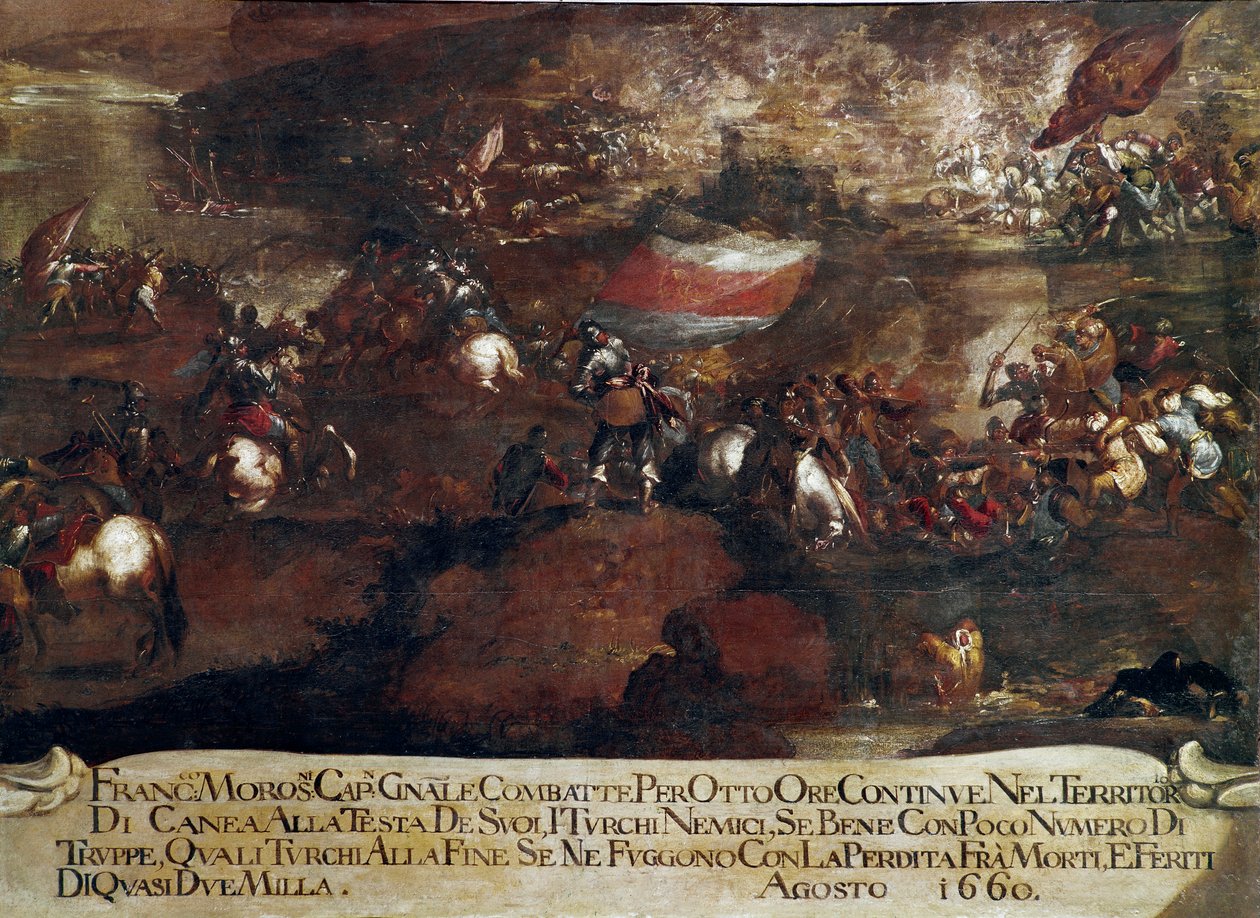 War of Candia (Kreta):: "" Slaget ved Chania ledet af Francesco Morosini (1619-1694) i august 1660" (Kretensiske krig (1645-69): angrebet på Canea ledet af Francesco Morosini i august 1660) Maleri af venetiansk skole af Italian School